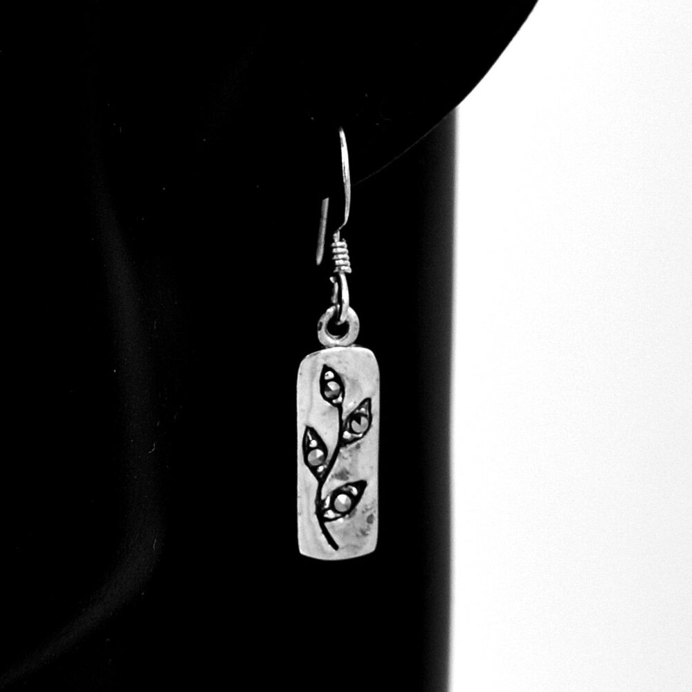 Leaves, Marcasite Stones Sterling Silver Dangle Ear Wire Earrings Vintage Pair